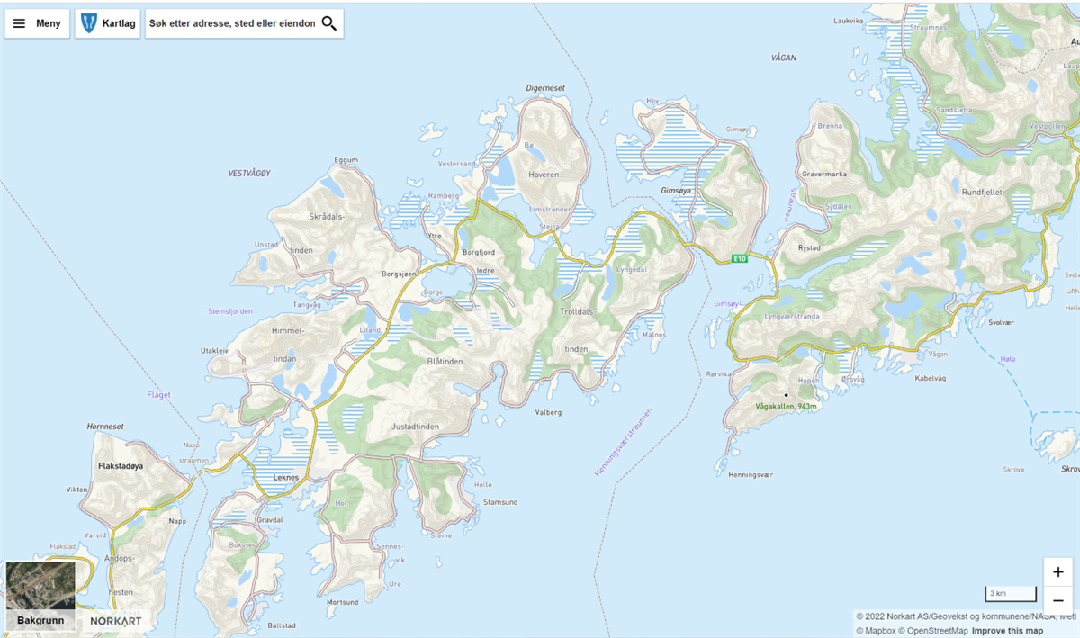 Utsnitt av kommunekart som viser feltene for "søk" og "kartlag". Bilde.  - Klikk for stort bilde