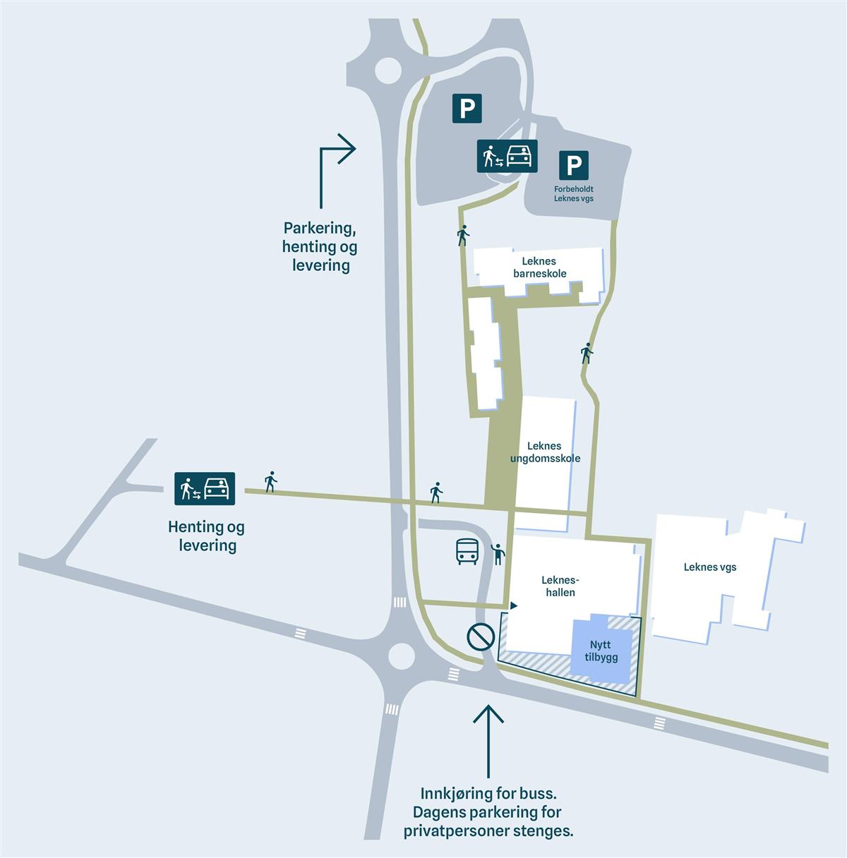 Illustrert kart: tilrettelagt parkering nord for skolen - Klikk for stort bilde