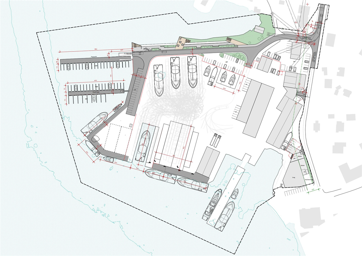 En tegnet skisse som viser området for Ballstad servicehavn.  - Klikk for stort bilde
