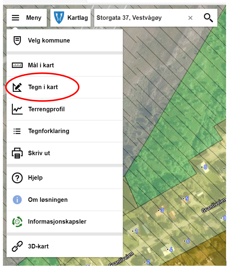 Utsnitt av kommunekart med forklaringen på hvordan man kan tegne og måle i kart. - Klikk for stort bilde